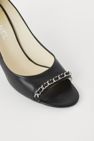 Chanel Black 
Silver CC Chain Peep Toe Pump