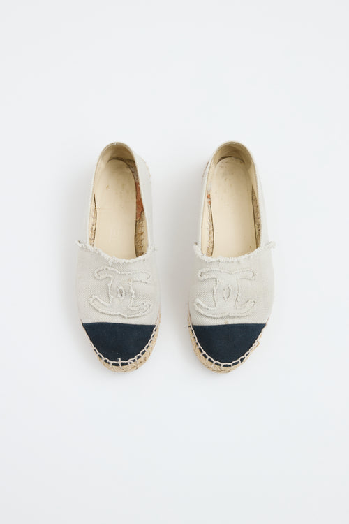 Chanel Beige 
Black Canvas Espadrille Flat