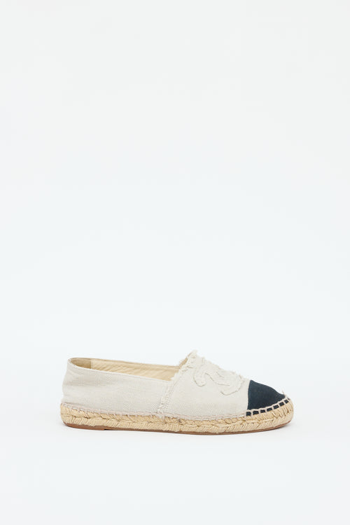 Chanel Beige 
Black Canvas Espadrille Flat