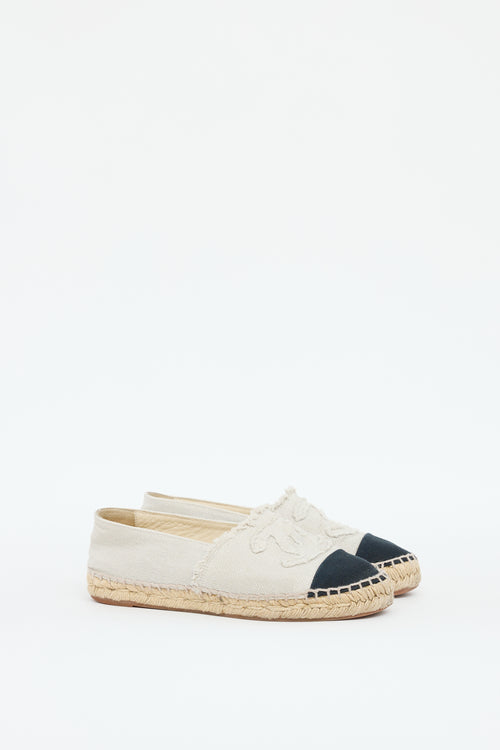 Chanel Beige 
Black Canvas Espadrille Flat