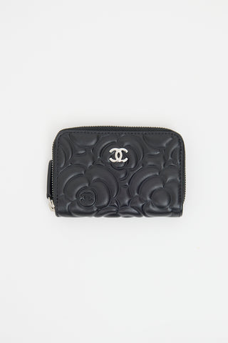 Chanel Black Camellia Zip Around Coin Pouch