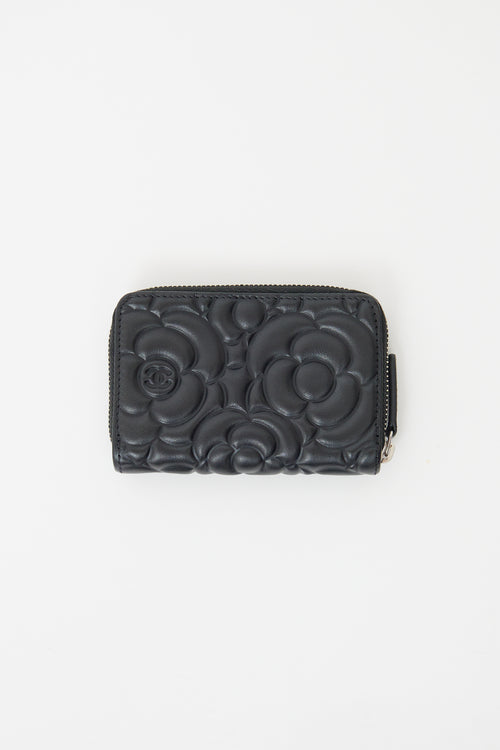 Chanel Black Camellia Zip Around Coin Pouch