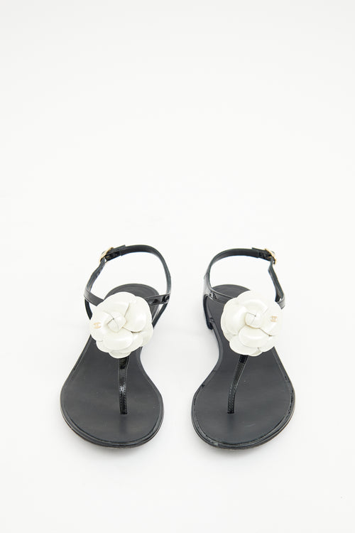 Chanel Black 
White Camellia T-strap  Sandal