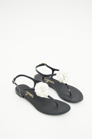 Chanel Black 
White Camellia T-strap  Sandal