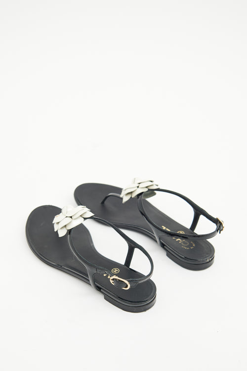 Chanel Black 
White Camellia T-strap  Sandal