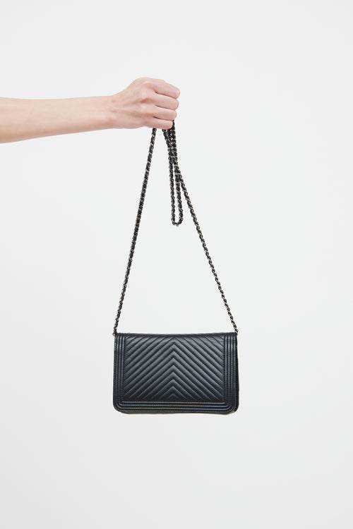 Chanel Black Calfskin Chevron Boy Wallet on Chain Bag