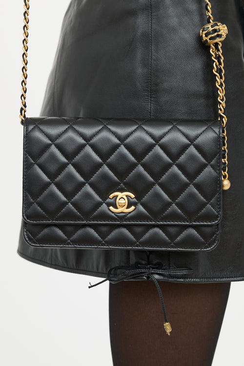 Black Leather Pearl Crush Wallet On Chain