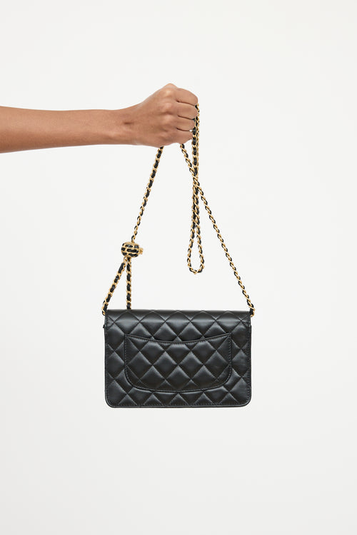 Black Leather Pearl Crush Wallet On Chain