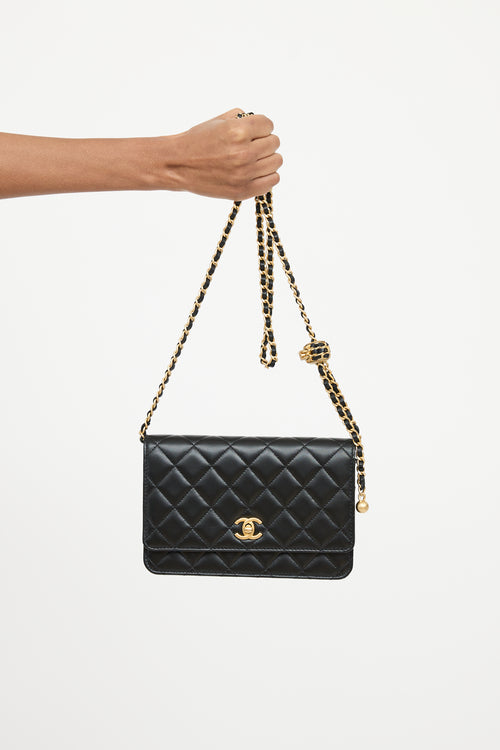 Black Leather Pearl Crush Wallet On Chain