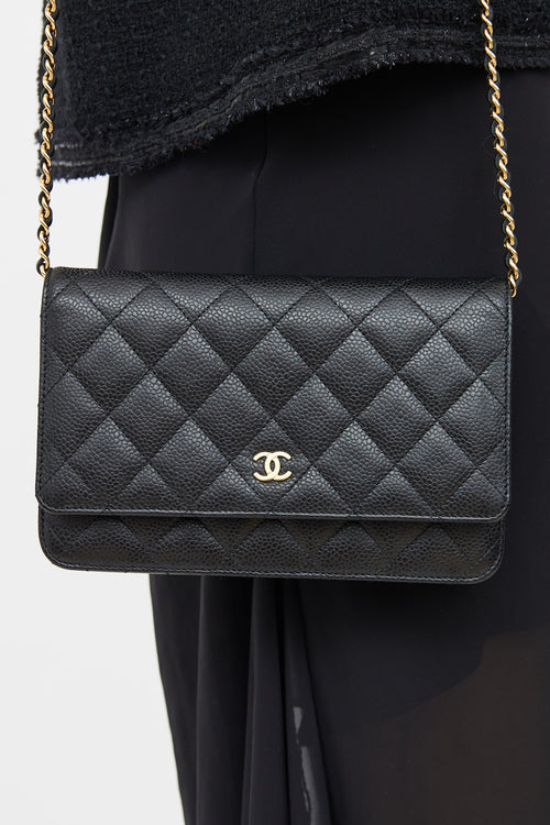 Chanel Black 
Gold Quilted Caviar Wallet On Chain