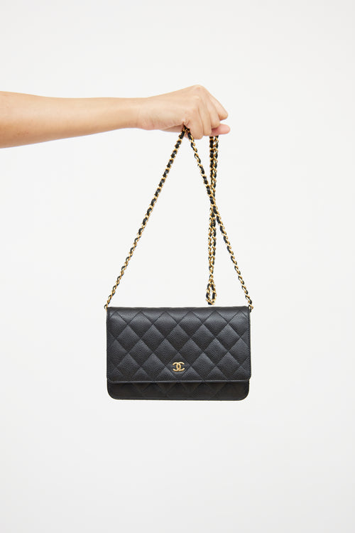 Chanel Black 
Gold Quilted Caviar Wallet On Chain