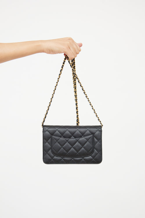 Chanel Black 
Gold Quilted Caviar Wallet On Chain