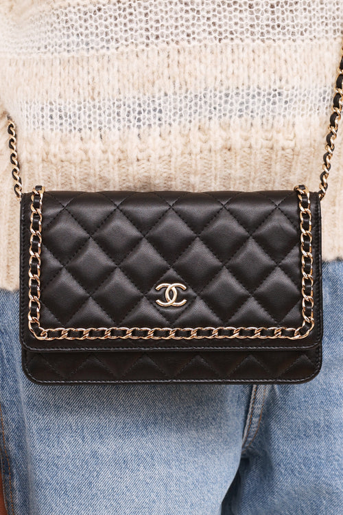 Chanel 2019 Black Leather Quilted CC Wallet on Chain