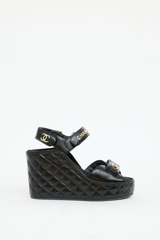 Chanel Black Leather Quilted Wedge Sandal