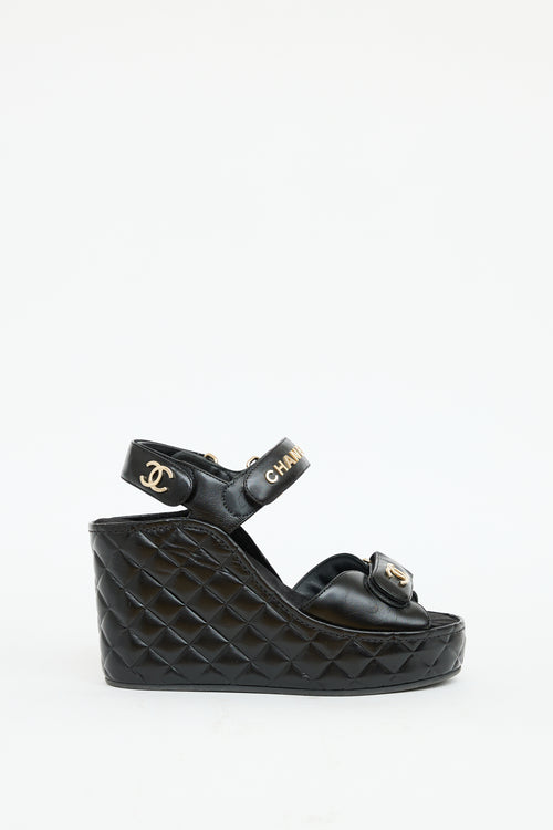 Chanel Black Leather Quilted Wedge Sandal