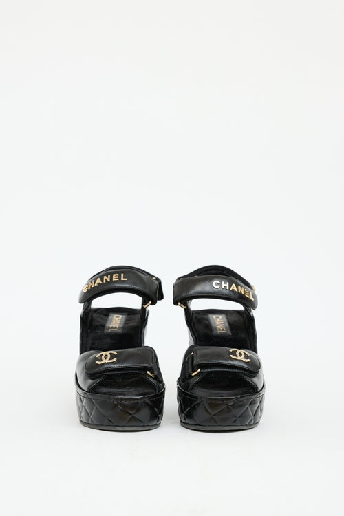 Chanel Black Leather Quilted Wedge Sandal