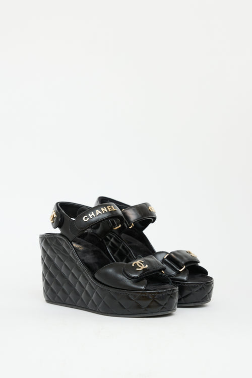 Chanel Black Leather Quilted Wedge Sandal