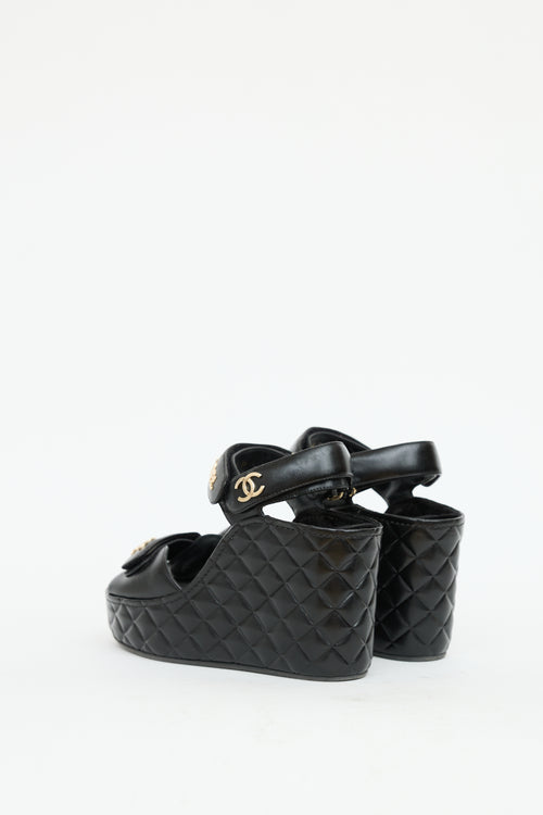 Chanel Black Leather Quilted Wedge Sandal