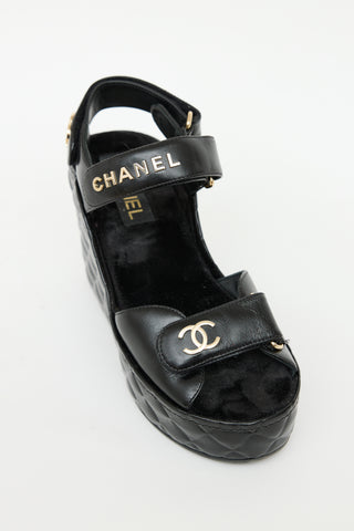 Chanel Black Leather Quilted Wedge Sandal