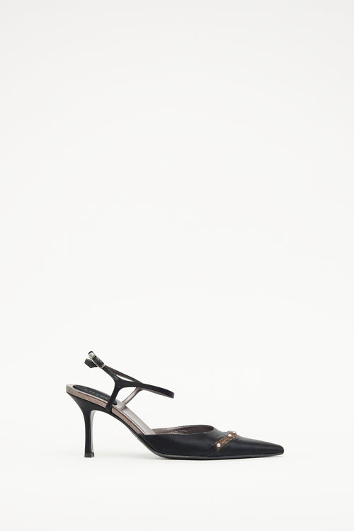 Chanel Black Satin CC Pearl Slingback Pump