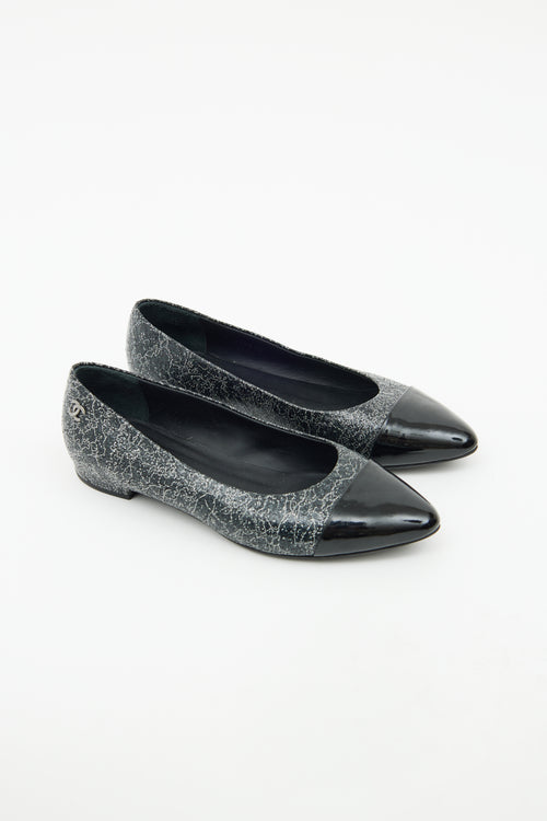 Chanel Black 
Silver Patent Cap Toe Flat