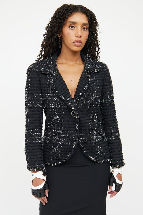 Chanel Black 
Silver Tweed Jacket Blazer