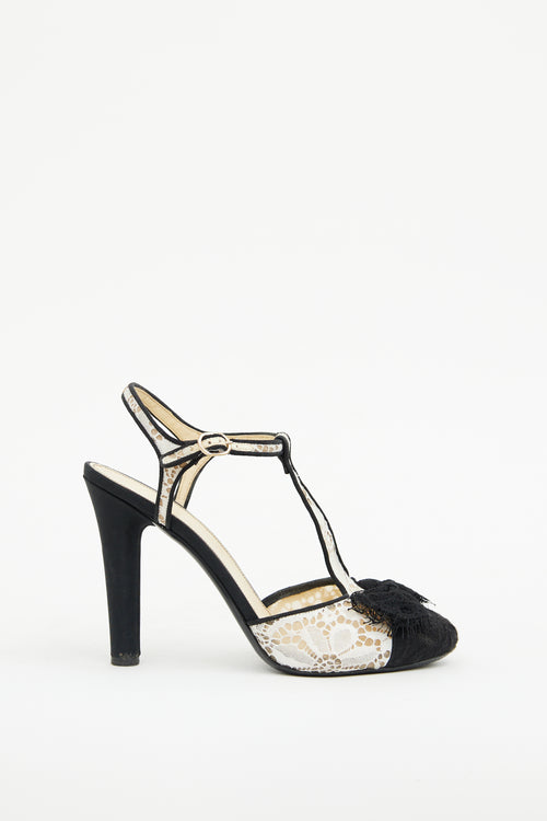 Chanel Black 
White Lace Bow Heel