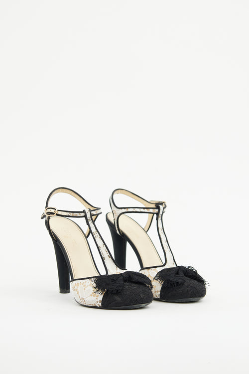 Chanel Black 
White Lace Bow Heel