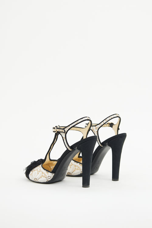 Chanel Black 
White Lace Bow Heel