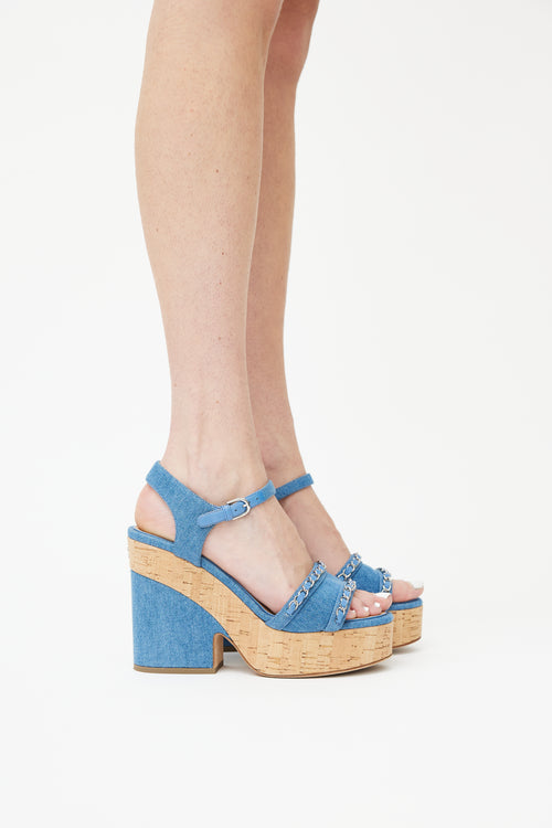 Chanel SS 2019 Blue Denim 
Cork Heeled Sandal