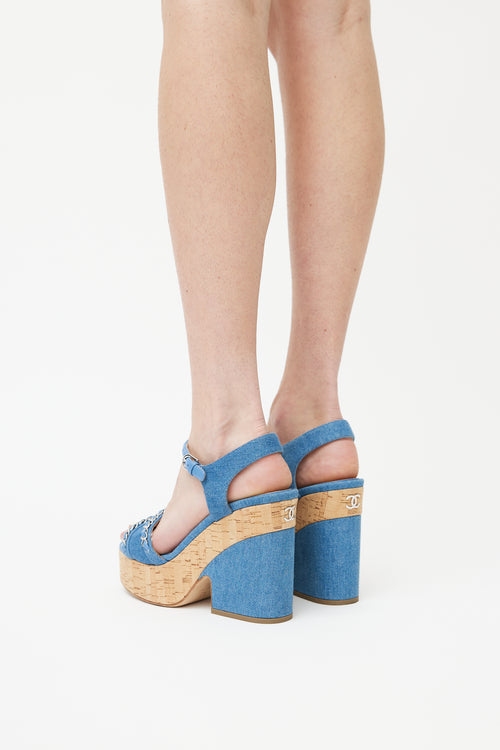 Chanel SS 2019 Blue Denim 
Cork Heeled Sandal