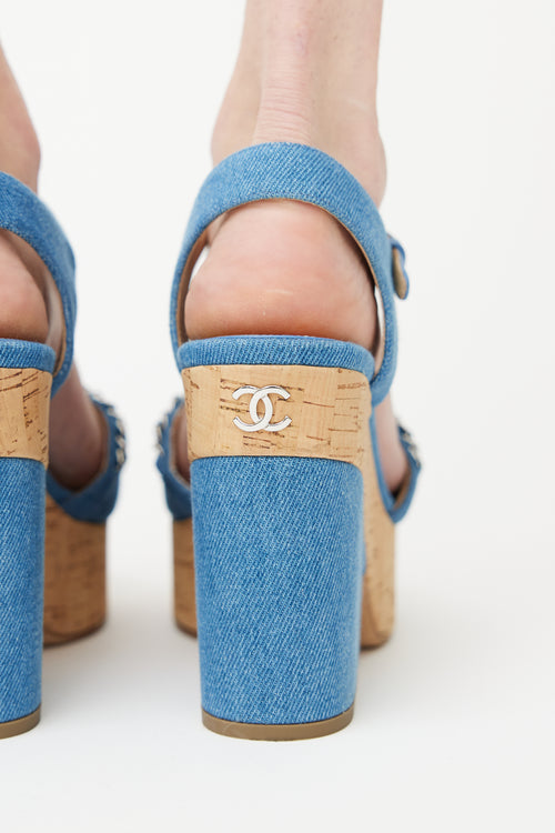 Chanel SS 2019 Blue Denim 
Cork Heeled Sandal