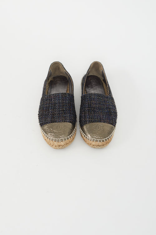 Chanel Blue 
Multicolour Tweed Logo Espadrille Flat