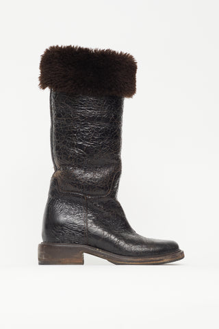 Chanel Brown Crackled Leather Fur Trim Boot