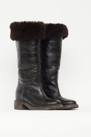 Chanel Brown Crackled Leather Fur Trim Boot