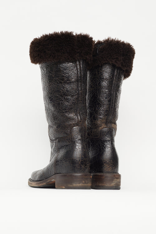 Chanel Brown Crackled Leather Fur Trim Boot