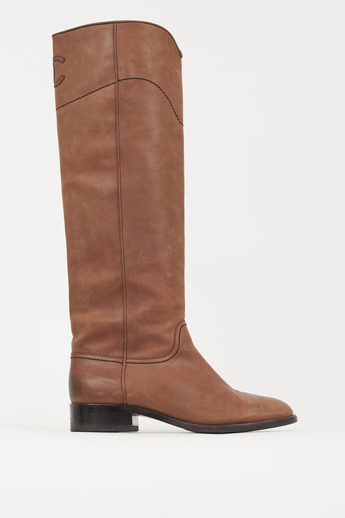 Chanel Brown Leather Logo Riding Boot