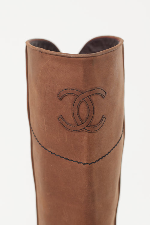 Chanel Brown Leather Logo Riding Boot