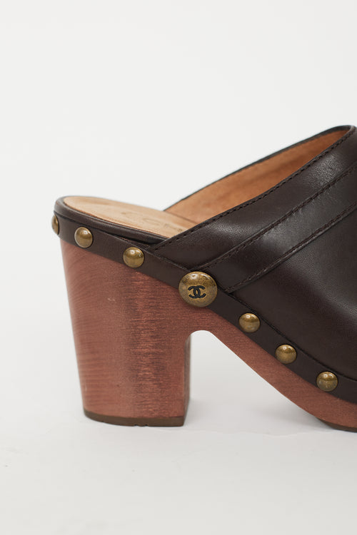 Chanel Brown Leather Wooden Clog Mule