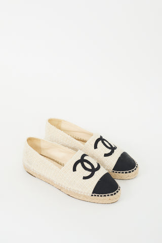 Chanel Cream 
Black Tweed CC Espadrille Flat