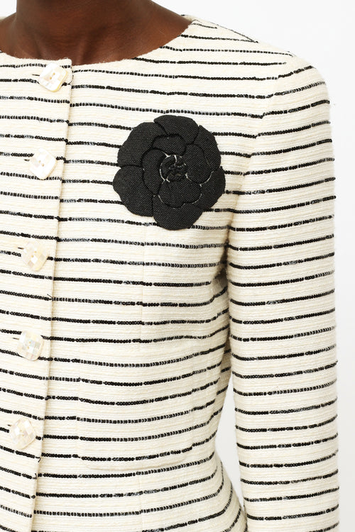 Chanel Cream 
Black Sequin Camelia Blazer