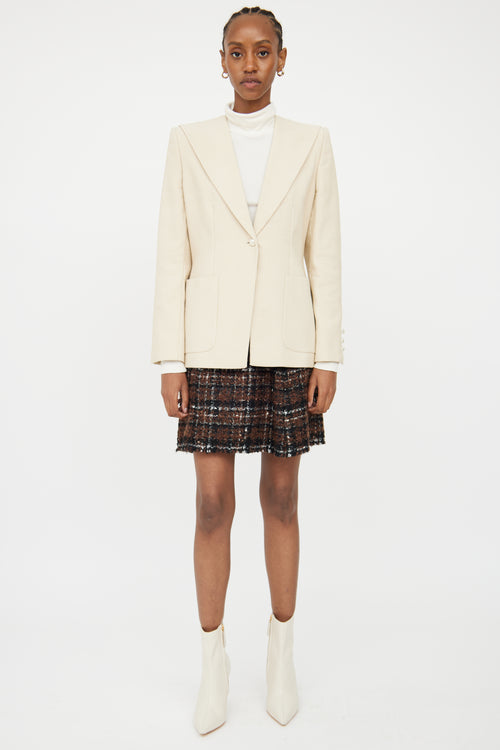 Chanel Cream 
Beige Pinstripe 
Pearl Blazer