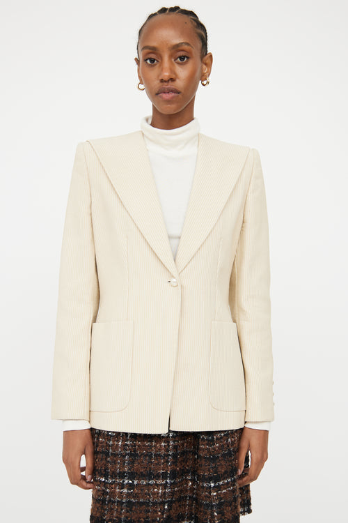 Chanel Cream 
Beige Pinstripe 
Pearl Blazer