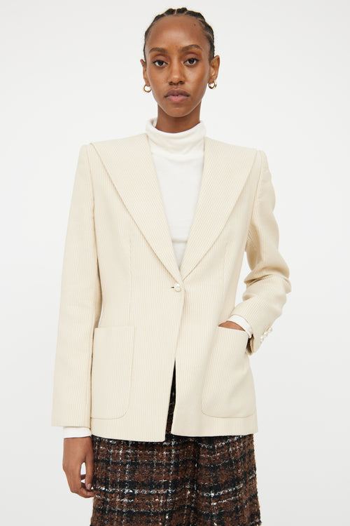 Chanel Cream 
Beige Pinstripe 
Pearl Blazer