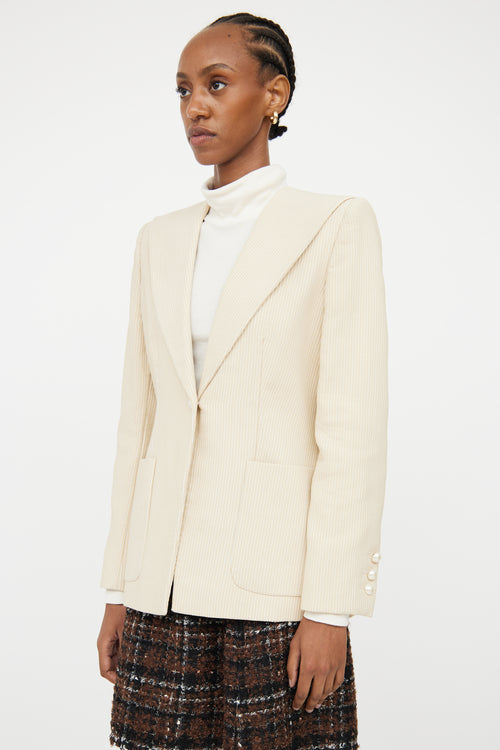 Chanel Cream 
Beige Pinstripe 
Pearl Blazer