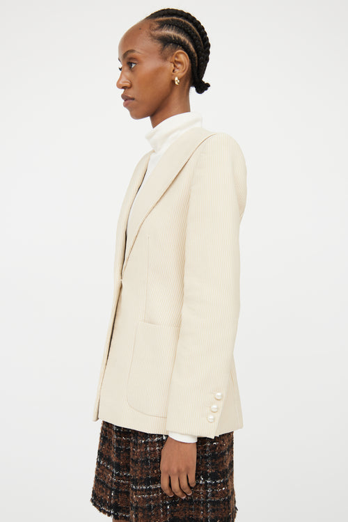 Chanel Cream 
Beige Pinstripe 
Pearl Blazer