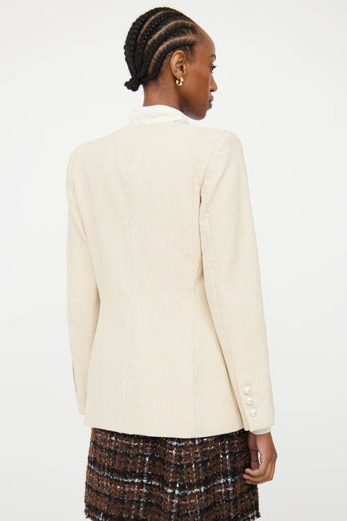 Chanel Cream 
Beige Pinstripe 
Pearl Blazer