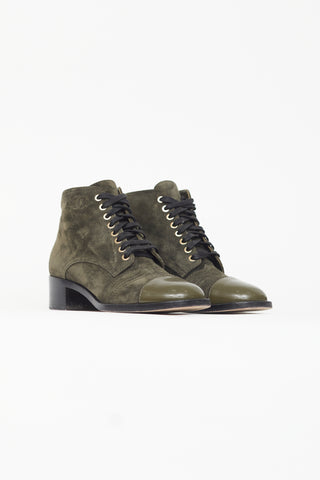 Chanel Dark Green Lace Up Ankle Boot