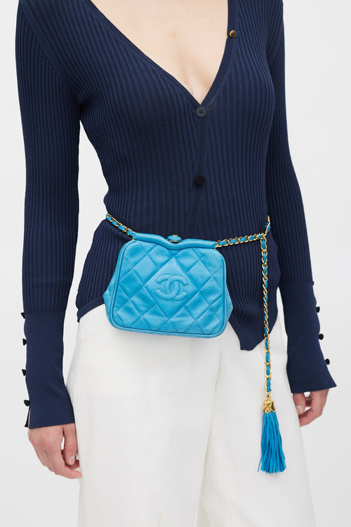 Chanel Early 1990s Blue Leather CC Kiss Lock Crossbody Bag