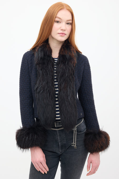 Chanel FW 2000 Navy 
Brown Tweed 
Fur Trim Jacket